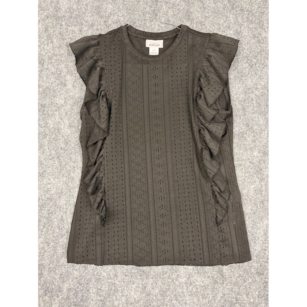Ariat Womens Black Eyelet Ruffle Sleeveless Knit Top Shell Small